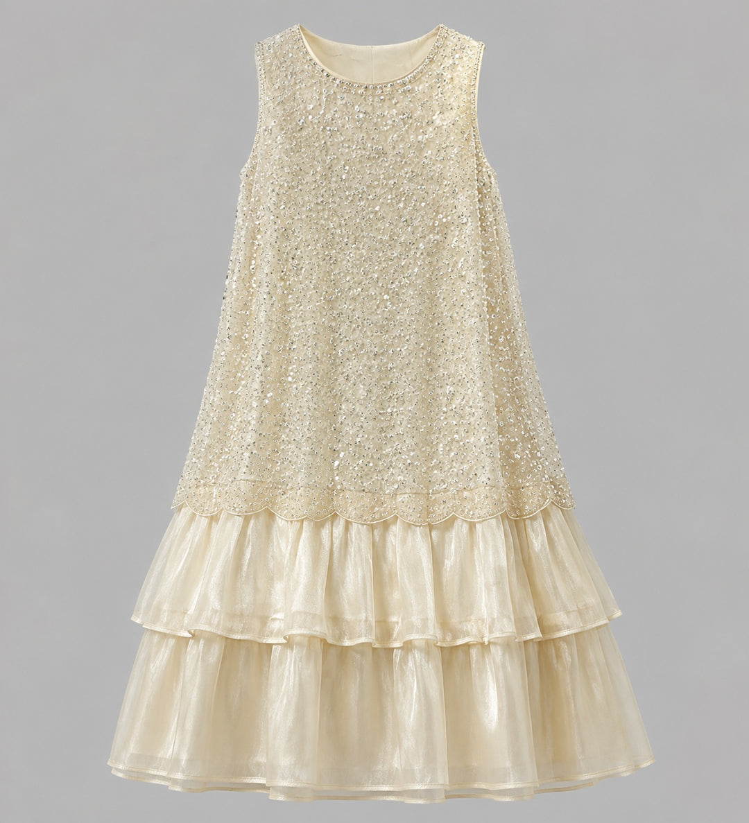 Ivory Sleeveless Beaded Layered Midi Dress-Vyana Collective
