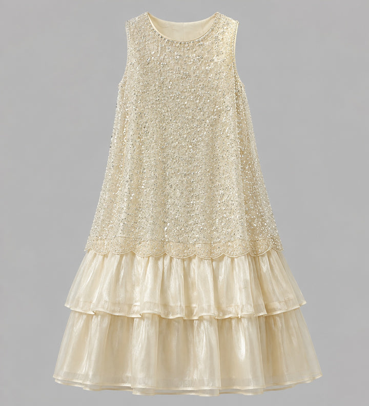 Ivory Sleeveless Beaded Layered Midi Dress-Vyana Collective