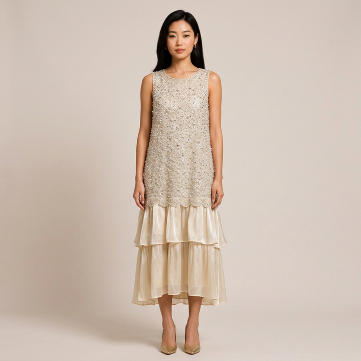 Ivory Sleeveless Beaded Layered Midi Dress-Vyana Collective