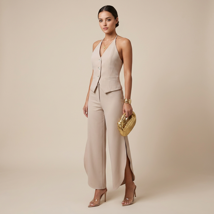 Khaki Halter Vest and Curved Wide Leg Pants Set for Vacation Getaways and Effortless Elegance Women-Vyana Collective