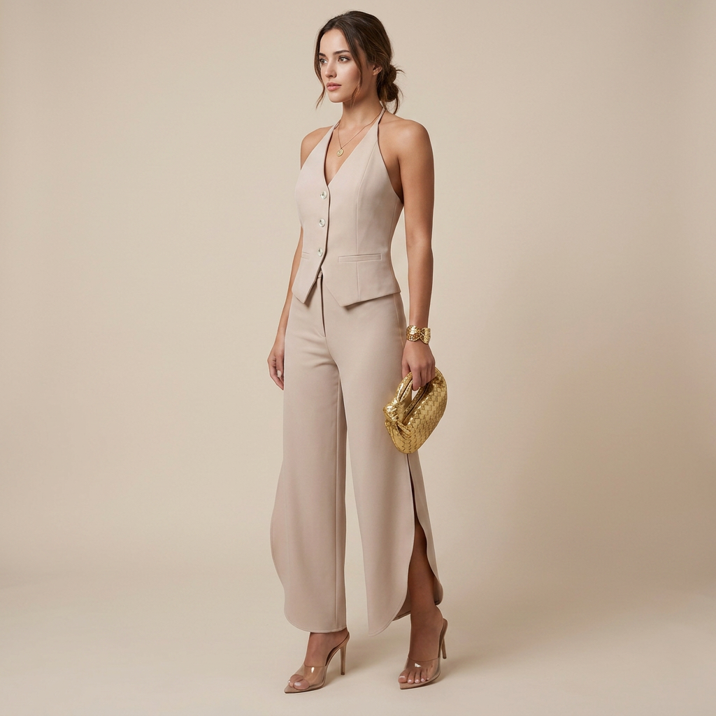 Khaki Halter Vest and Curved Wide Leg Pants Set for Vacation Getaways and Effortless Elegance Women-Vyana Collective