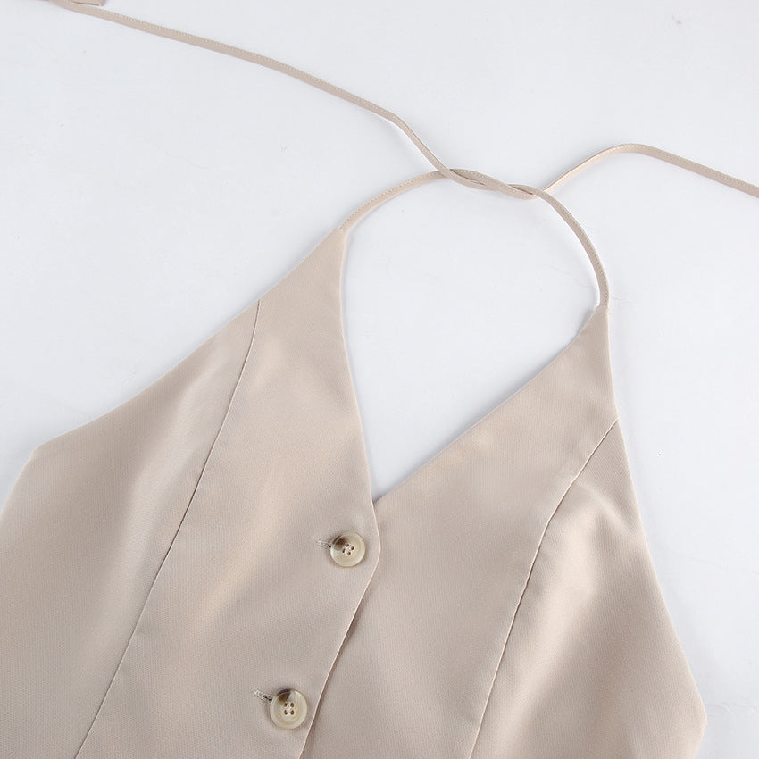 Khaki Halter Vest and Curved Wide Leg Pants Set for Vacation Getaways and Effortless Elegance Women-Vyana Collective