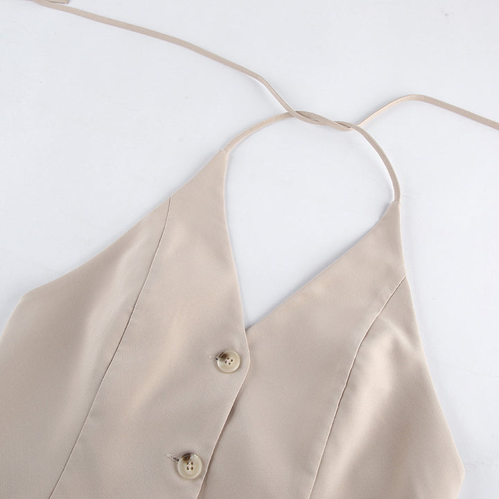 Khaki Halter Vest and Curved Wide Leg Pants Set for Vacation Getaways and Effortless Elegance Women-Vyana Collective