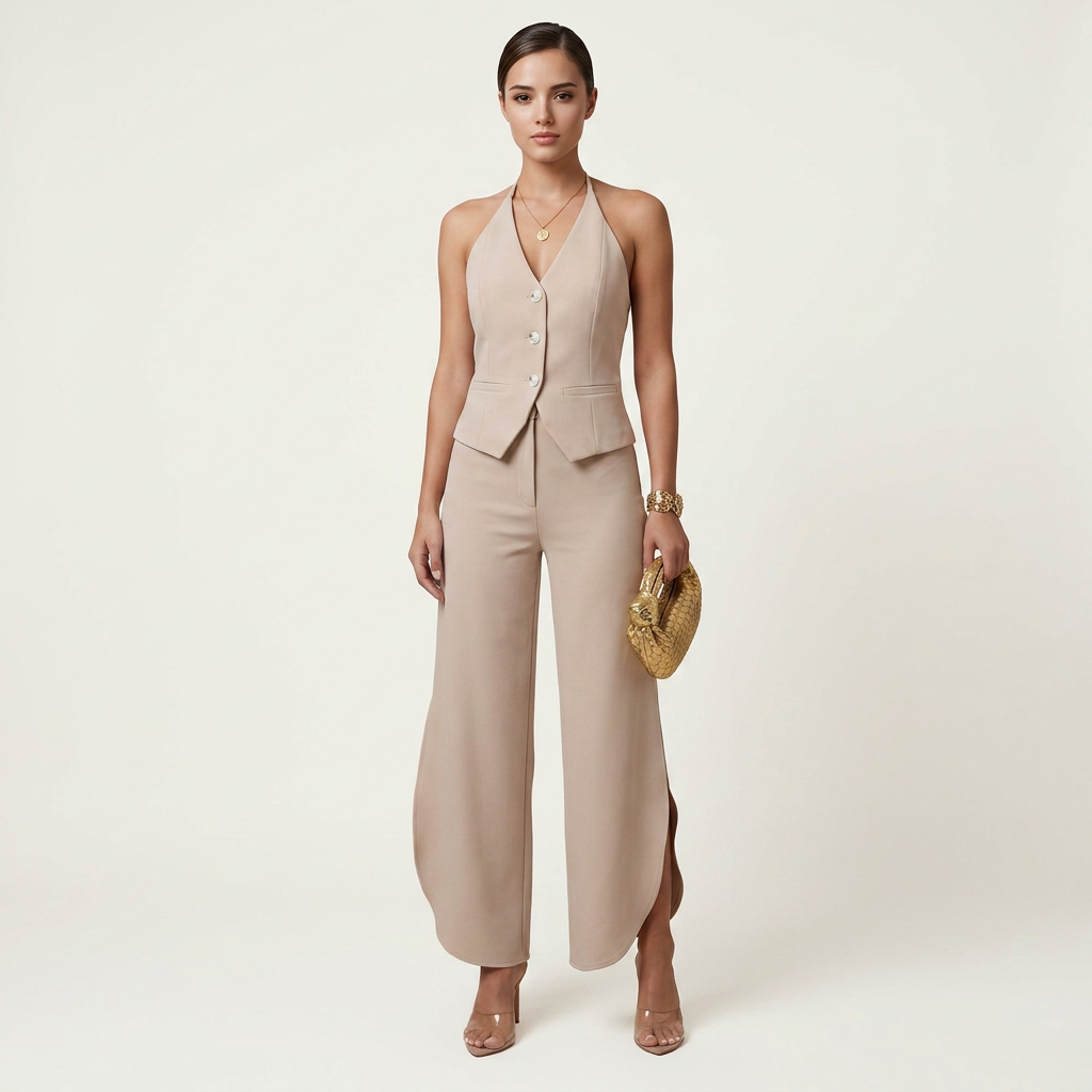 Khaki Halter Vest and Curved Wide Leg Pants Set for Vacation Getaways and Effortless Elegance Women-Vyana Collective