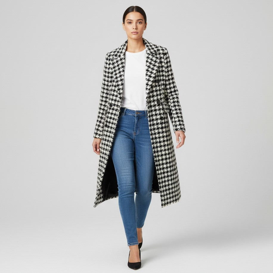 Korean Style Mid-Length Houndstooth Wool Overcoat for Women-Vyana Collective