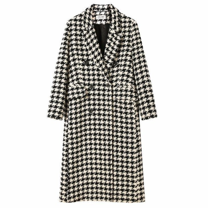 Korean Style Mid-Length Houndstooth Wool Overcoat for Women-Vyana Collective