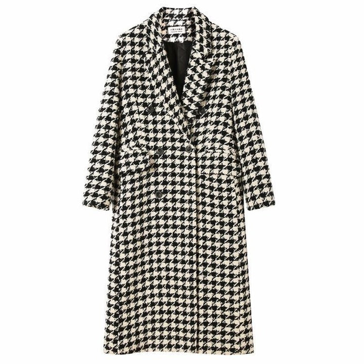 Korean Style Mid-Length Houndstooth Wool Overcoat for Women-Vyana Collective