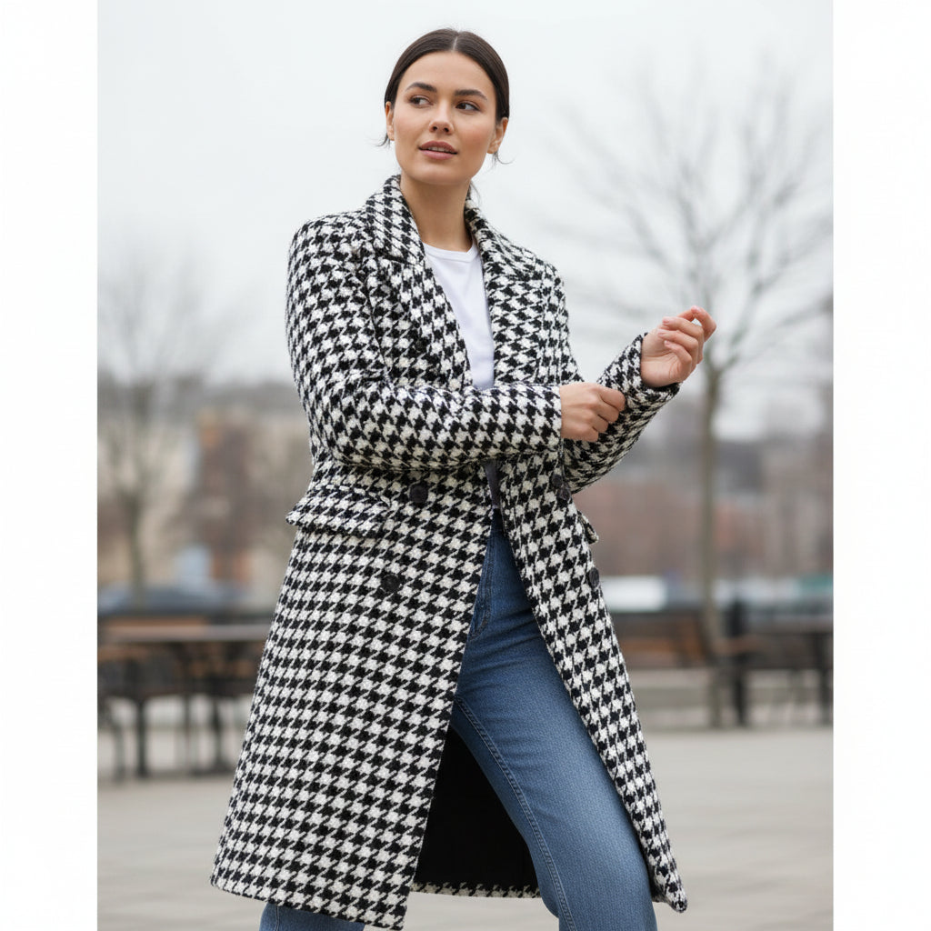 Korean Style Mid-Length Houndstooth Wool Overcoat for Women-Vyana Collective