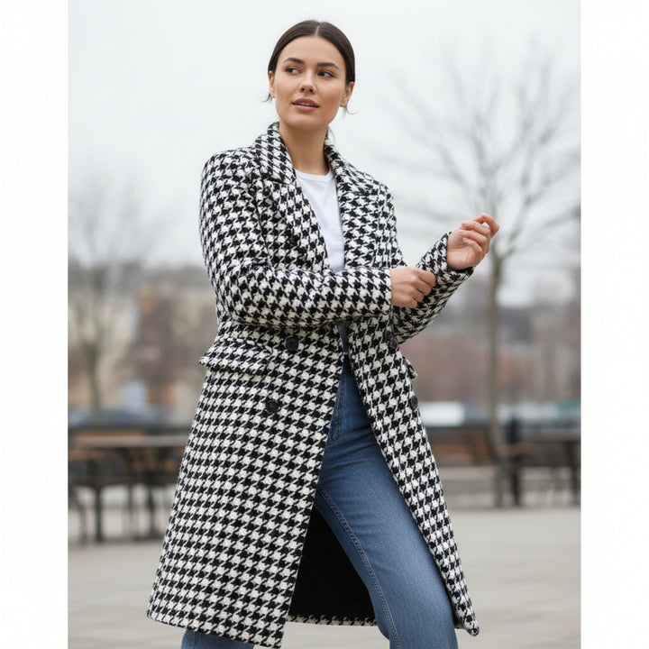 Korean Style Mid-Length Houndstooth Wool Overcoat for Women-Vyana Collective