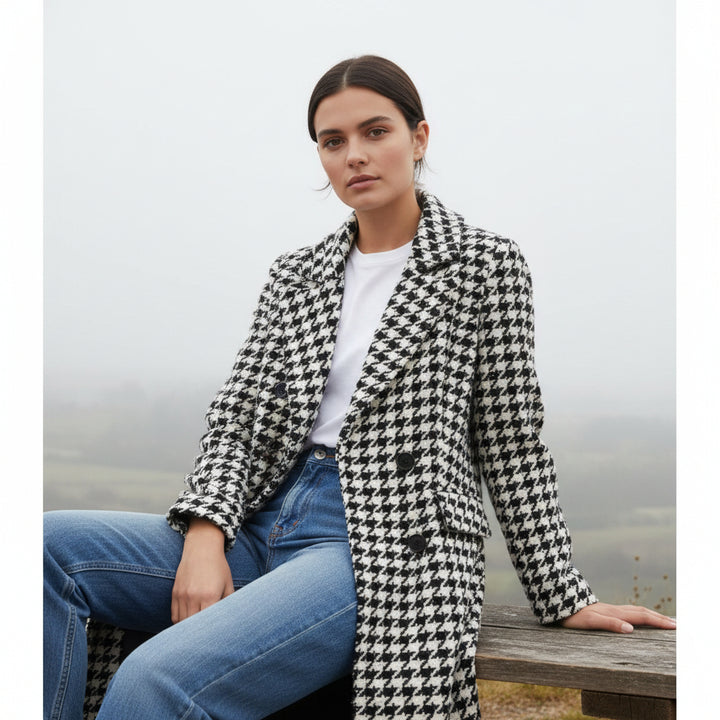 Korean Style Mid-Length Houndstooth Wool Overcoat for Women-Vyana Collective