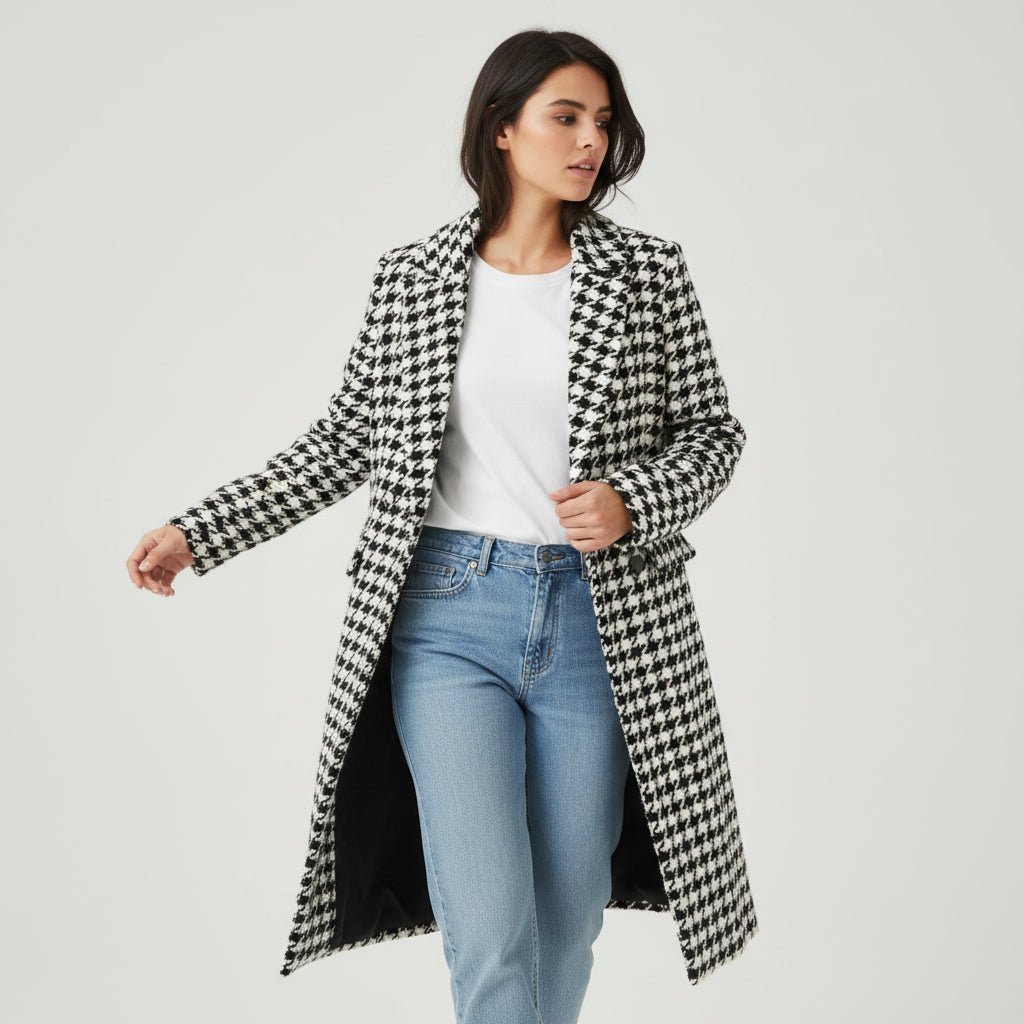 Korean Style Mid-Length Houndstooth Wool Overcoat for Women-Vyana Collective