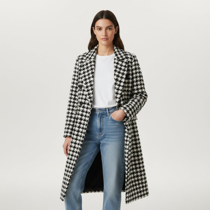 Korean Style Mid-Length Houndstooth Wool Overcoat for Women-Vyana Collective