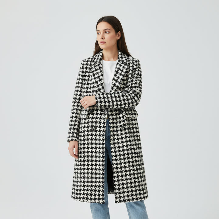 Korean Style Mid-Length Houndstooth Wool Overcoat for Women-Vyana Collective