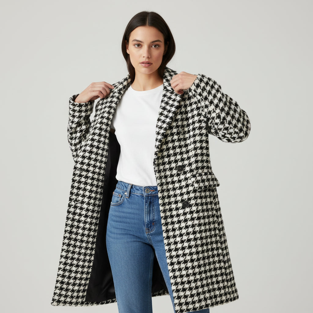 Korean Style Mid-Length Houndstooth Wool Overcoat for Women-Vyana Collective