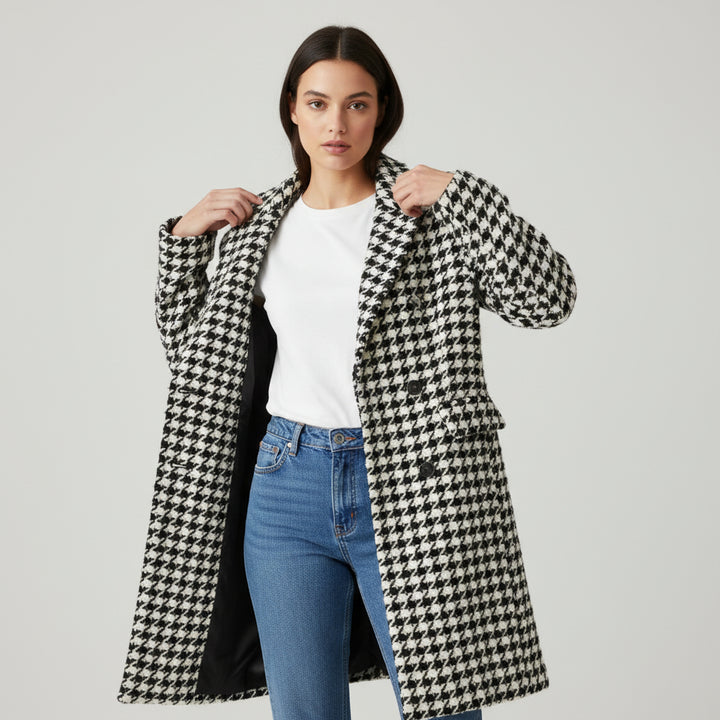 Korean Style Mid-Length Houndstooth Wool Overcoat for Women-Vyana Collective
