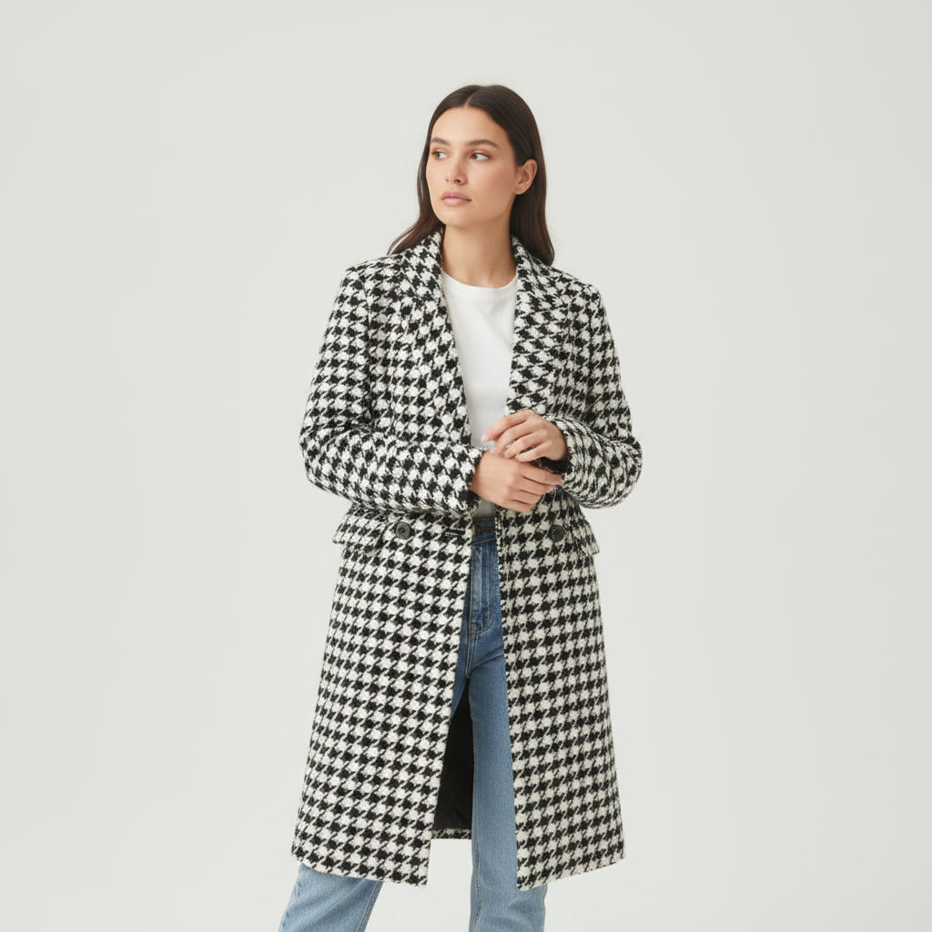 Korean Style Mid-Length Houndstooth Wool Overcoat for Women-Vyana Collective