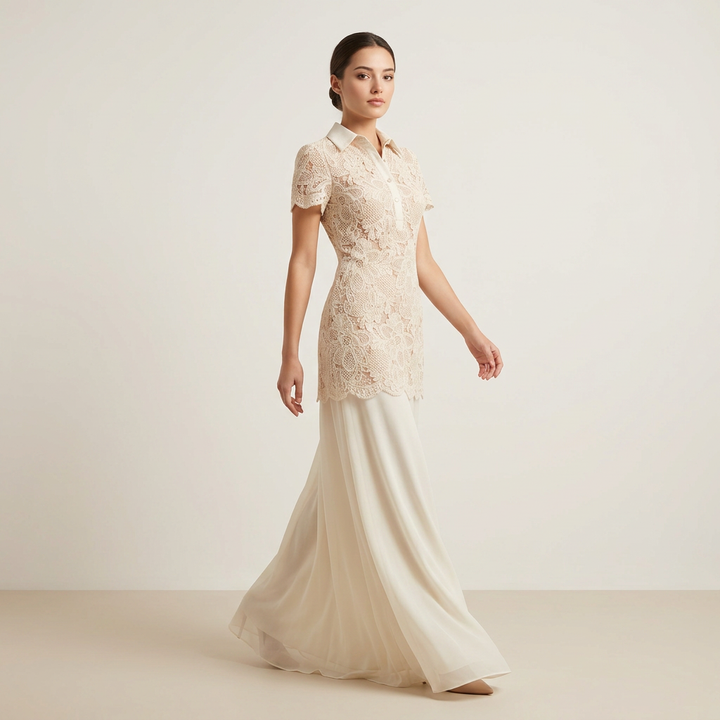Lace Collared Maxi Dress with Sheer Overlay Skirt-Vyana Collective