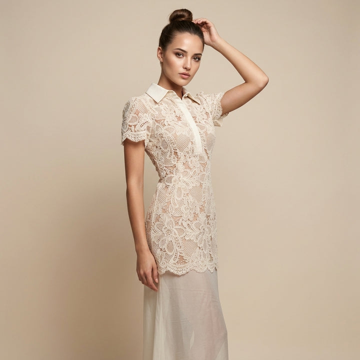 Lace Collared Maxi Dress with Sheer Overlay Skirt-Vyana Collective