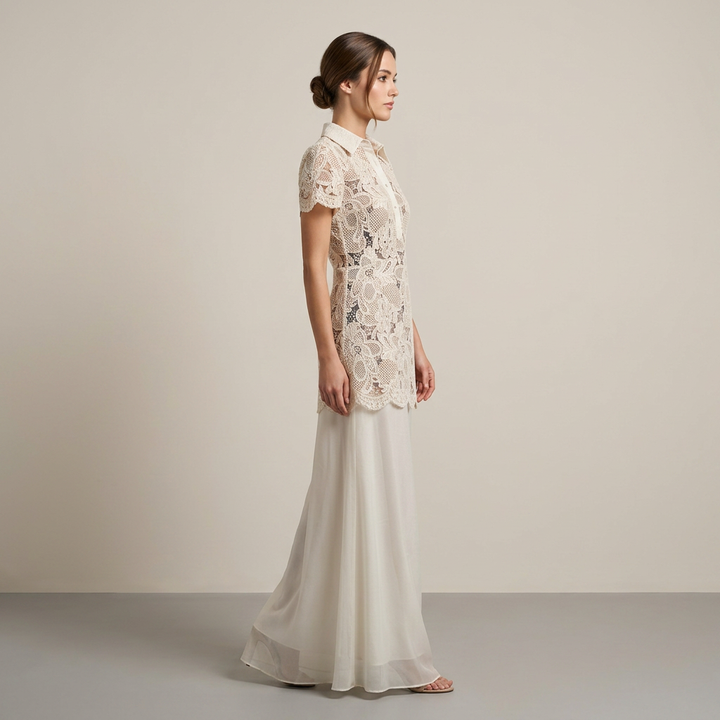Lace Collared Maxi Dress with Sheer Overlay Skirt-Vyana Collective