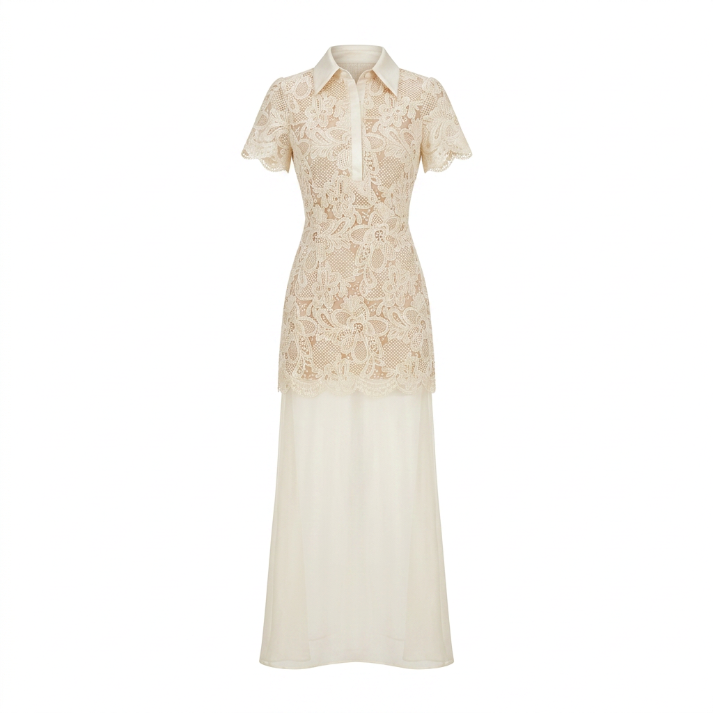 Lace Collared Maxi Dress with Sheer Overlay Skirt-Vyana Collective