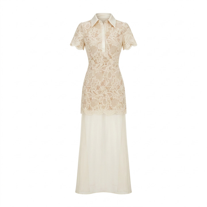 Lace Collared Maxi Dress with Sheer Overlay Skirt-Vyana Collective