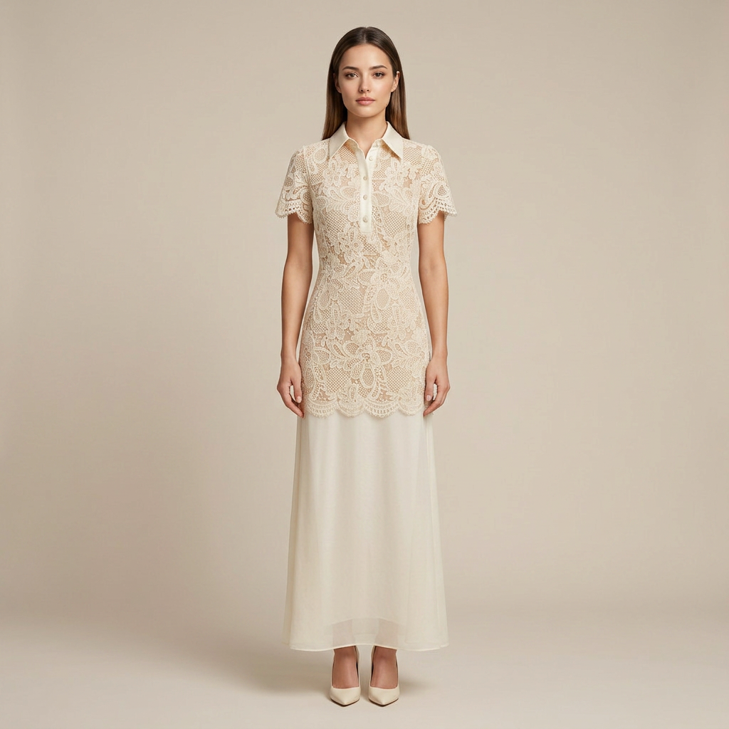 Lace Collared Maxi Dress with Sheer Overlay Skirt-Vyana Collective