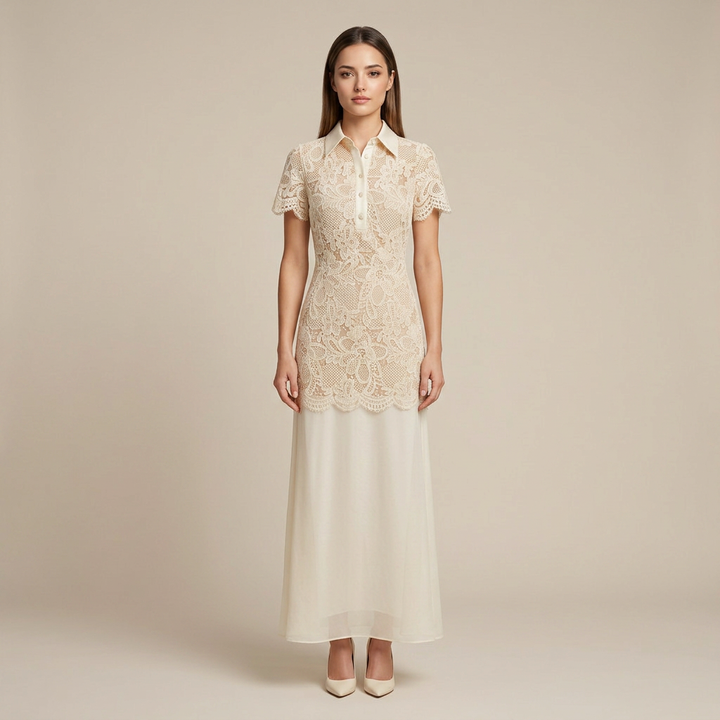 Lace Collared Maxi Dress with Sheer Overlay Skirt-Vyana Collective