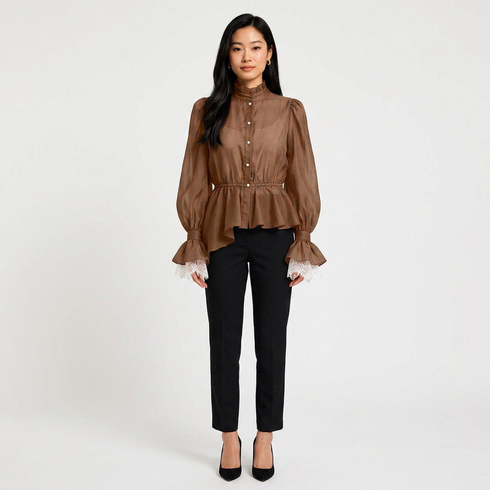 Lace Cuff Peplum Blouse for Meetings Ready and Feminine Office Style Women-Vyana Collective