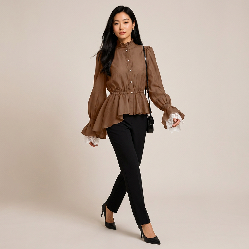 Lace Cuff Peplum Blouse for Meetings Ready and Feminine Office Style Women-Vyana Collective