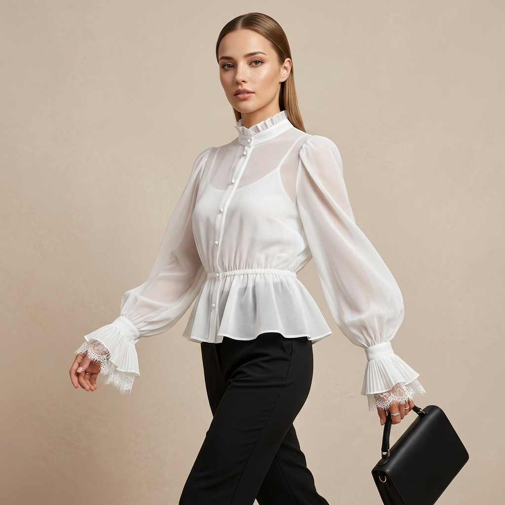 Lace Cuff Peplum Blouse for Meetings Ready and Feminine Office Style Women-Vyana Collective