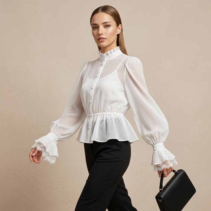 Lace Cuff Peplum Blouse for Meetings Ready and Feminine Office Style Women-Vyana Collective