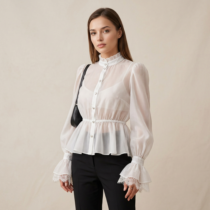 Lace Cuff Peplum Blouse for Meetings Ready and Feminine Office Style Women-Vyana Collective