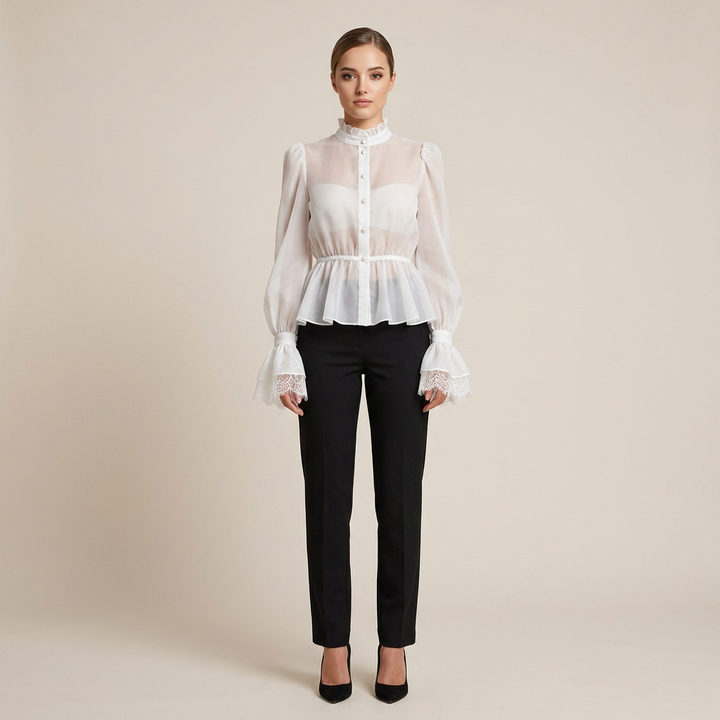 Lace Cuff Peplum Blouse for Meetings Ready and Feminine Office Style Women-Vyana Collective