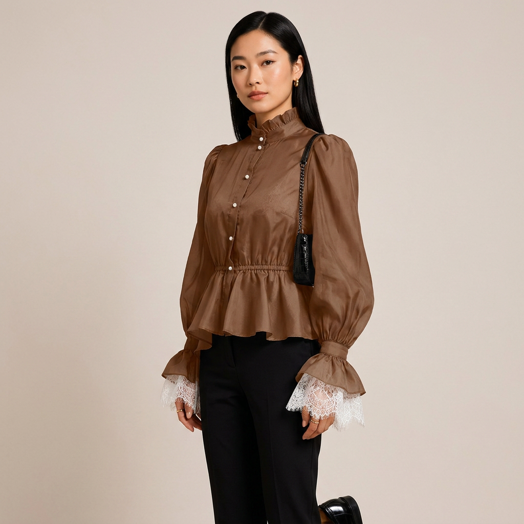 Lace Cuff Peplum Blouse for Meetings Ready and Feminine Office Style Women-Vyana Collective