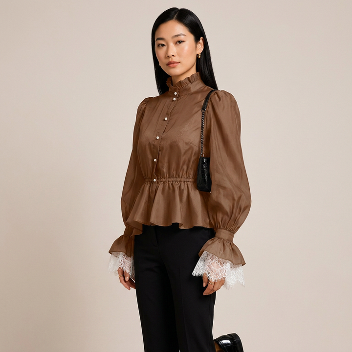 Lace Cuff Peplum Blouse for Meetings Ready and Feminine Office Style Women-Vyana Collective