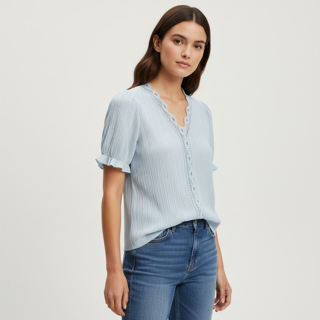 Lace Trim V-Neck Short Sleeve Blouse-Vyana Collective