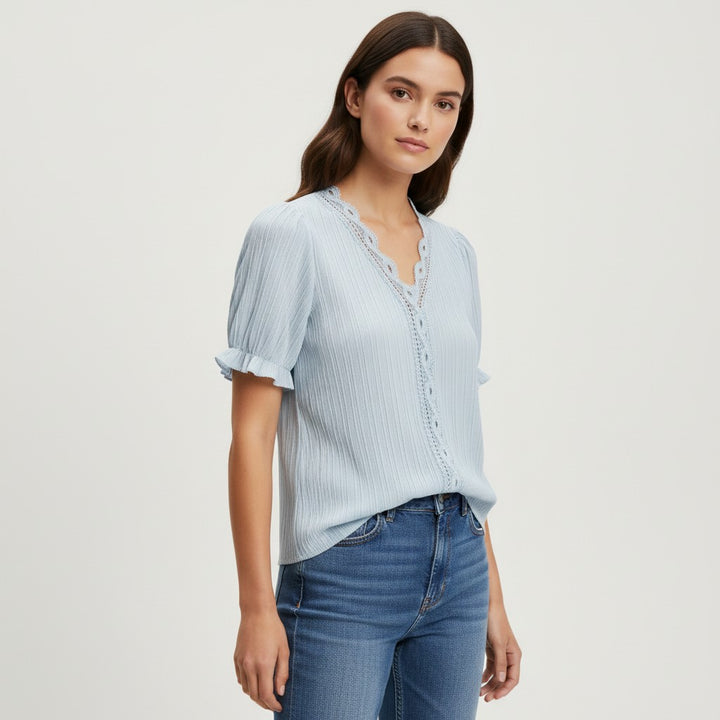 Lace Trim V-Neck Short Sleeve Blouse-Vyana Collective