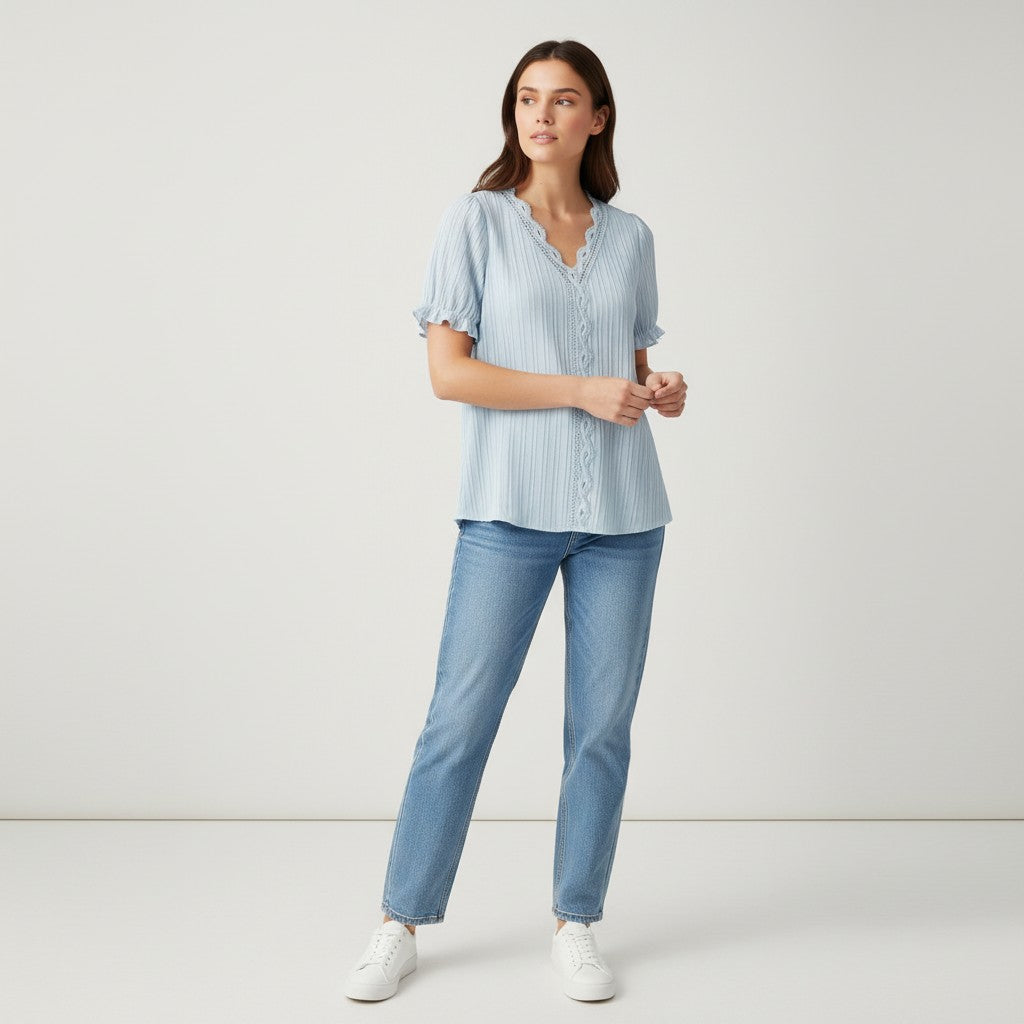 Lace Trim V-Neck Short Sleeve Blouse-Vyana Collective