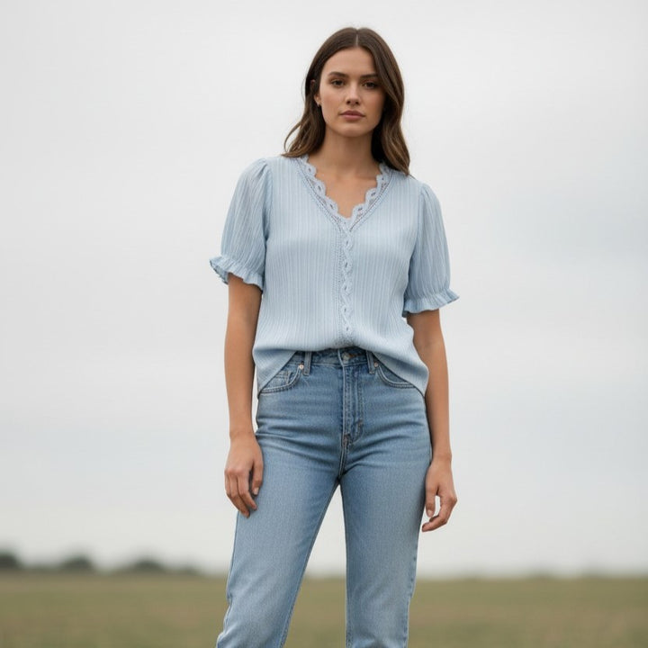 Lace Trim V-Neck Short Sleeve Blouse-Vyana Collective
