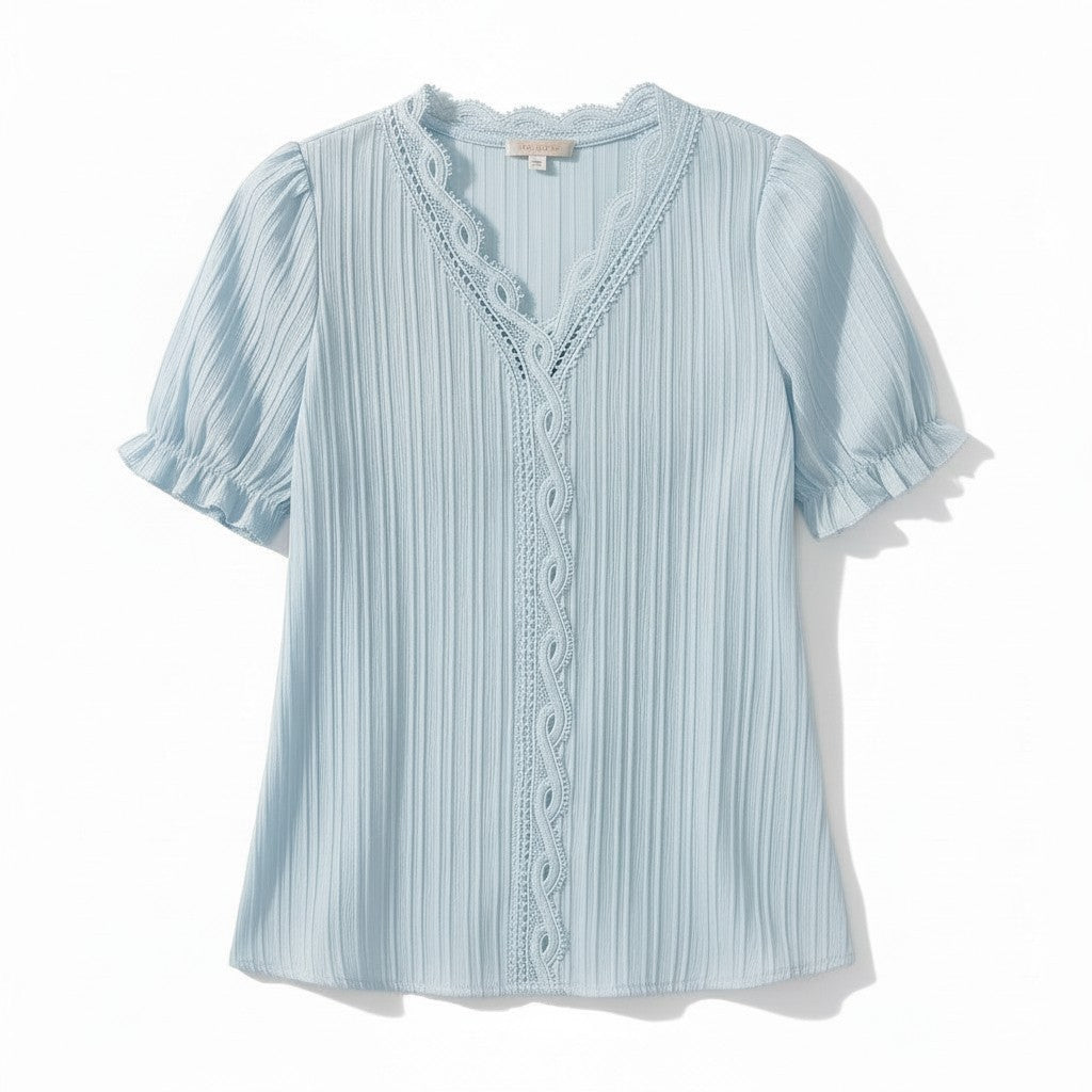 Lace Trim V-Neck Short Sleeve Blouse-Vyana Collective
