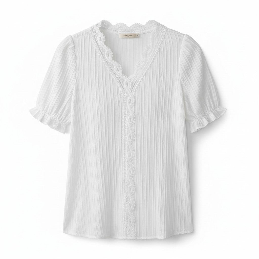 Lace Trim V-Neck Short Sleeve Blouse-Vyana Collective