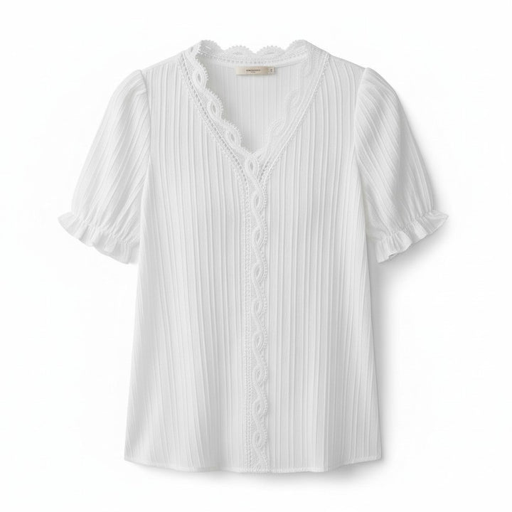 Lace Trim V-Neck Short Sleeve Blouse-Vyana Collective