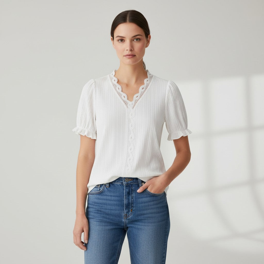 Lace Trim V-Neck Short Sleeve Blouse-Vyana Collective