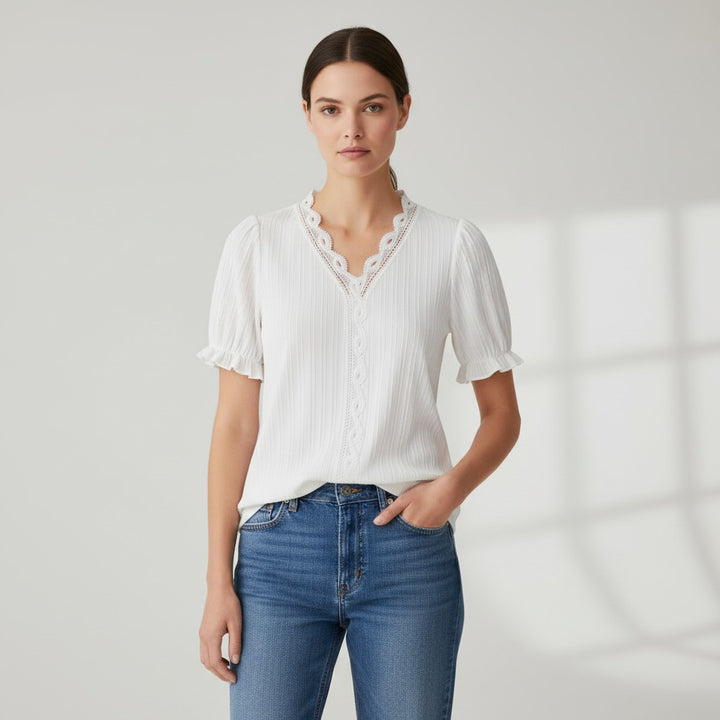 Lace Trim V-Neck Short Sleeve Blouse-Vyana Collective