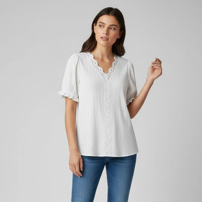 Lace Trim V-Neck Short Sleeve Blouse-Vyana Collective