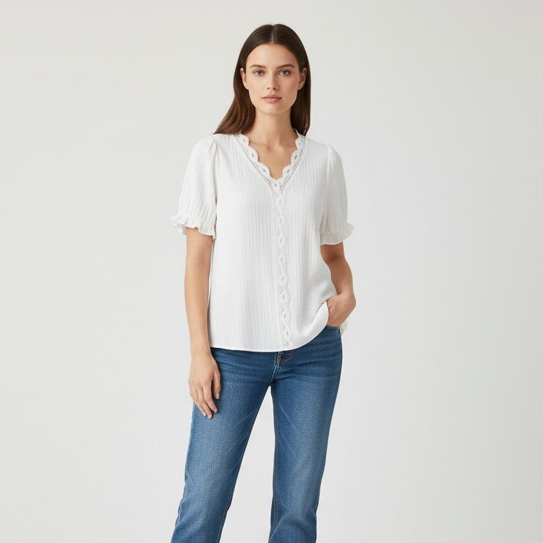 Lace Trim V-Neck Short Sleeve Blouse-Vyana Collective