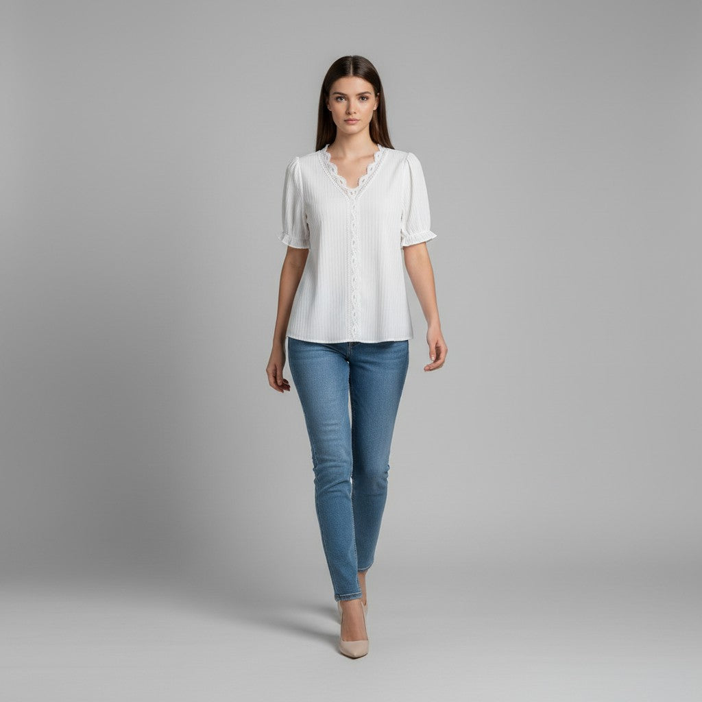 Lace Trim V-Neck Short Sleeve Blouse-Vyana Collective