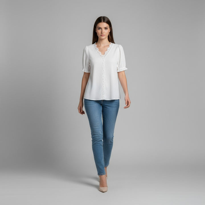 Lace Trim V-Neck Short Sleeve Blouse-Vyana Collective