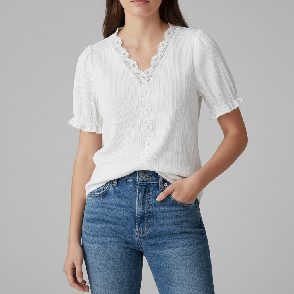 Lace Trim V-Neck Short Sleeve Blouse-Vyana Collective