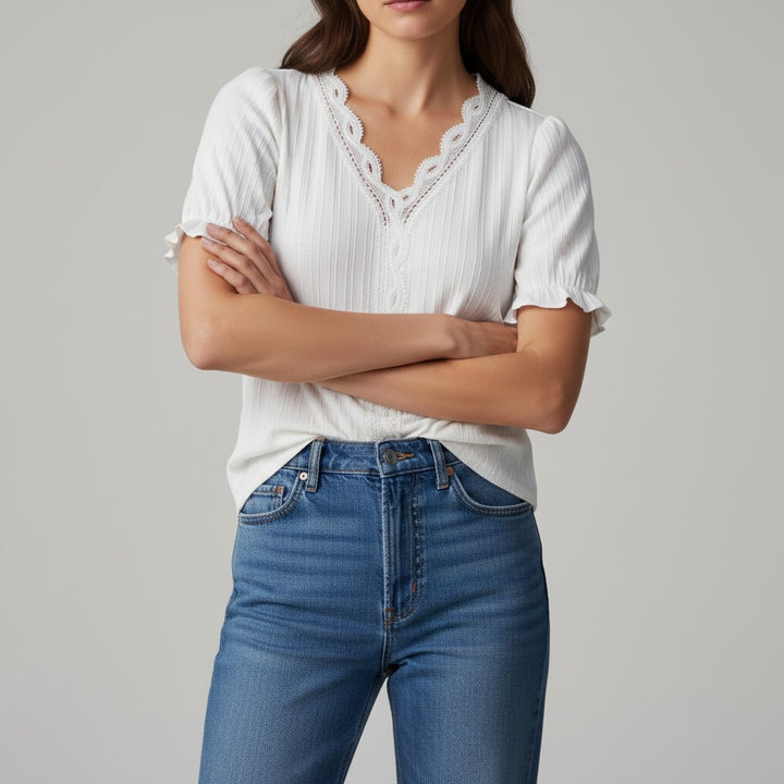 Lace Trim V-Neck Short Sleeve Blouse-Vyana Collective